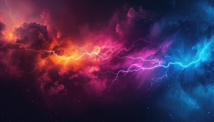 Abstract colourful thunder lightnings against black sky background, storm weather backdrop - obrazy, fototapety, plakaty