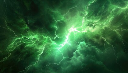 Abstract green thunder lightnings against black sky background, storm weather backdrop