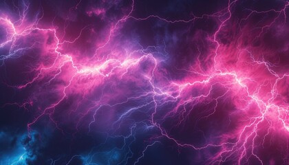 Fototapeta na wymiar Abstract purple thunder lightnings against black sky background, storm weather backdrop