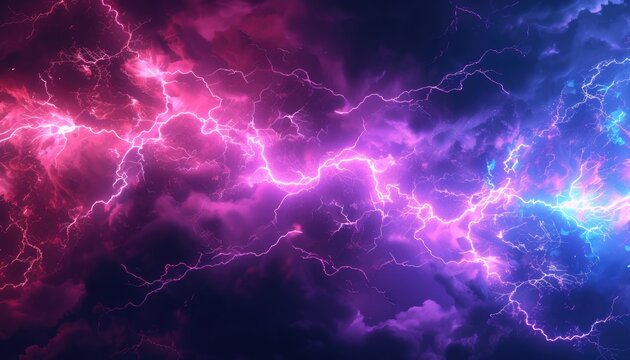 Abstract purple thunder lightnings against black sky background, storm weather backdrop