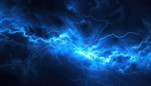 Abstract blue thunder lightnings against black sky background, storm weather backdrop