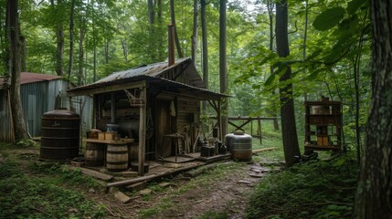 Moonshine illegal production in the deep forest