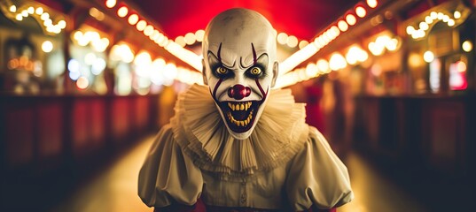 Spooky evil clown face on blurred vintage circus background with copy space for text placement - obrazy, fototapety, plakaty