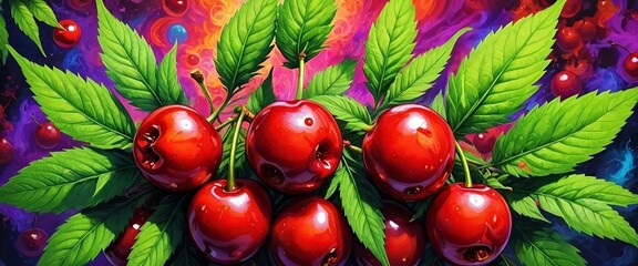 Fruity berry background: red cherries and leaves pattern for various graphics seasonal banner design. Panoramic red cherry sprigs. Generative AI