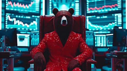 Anamorphic bear in red suit sitting in old house with stock graphics, bear market concept