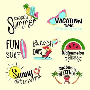 Summer logos, pineapples, surfboard, watermelons, beach chair, sun cover, sunglasses, ice cream, pineapple