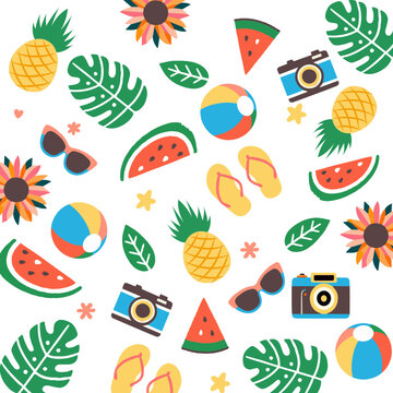 Pattern with holiday elements, watermelons, camera, flamingo, fruits, sandals, glasses, plants, pineapples