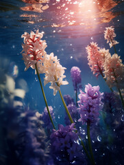 Naklejka premium Hyacinth flowers submerged in water, dreamy & surrealist underwater garden, pink, white, purple and blue