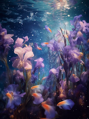 Fototapeta na wymiar Iris flowers submerged in water, dreamy & surrealist underwater garden, pink and blue