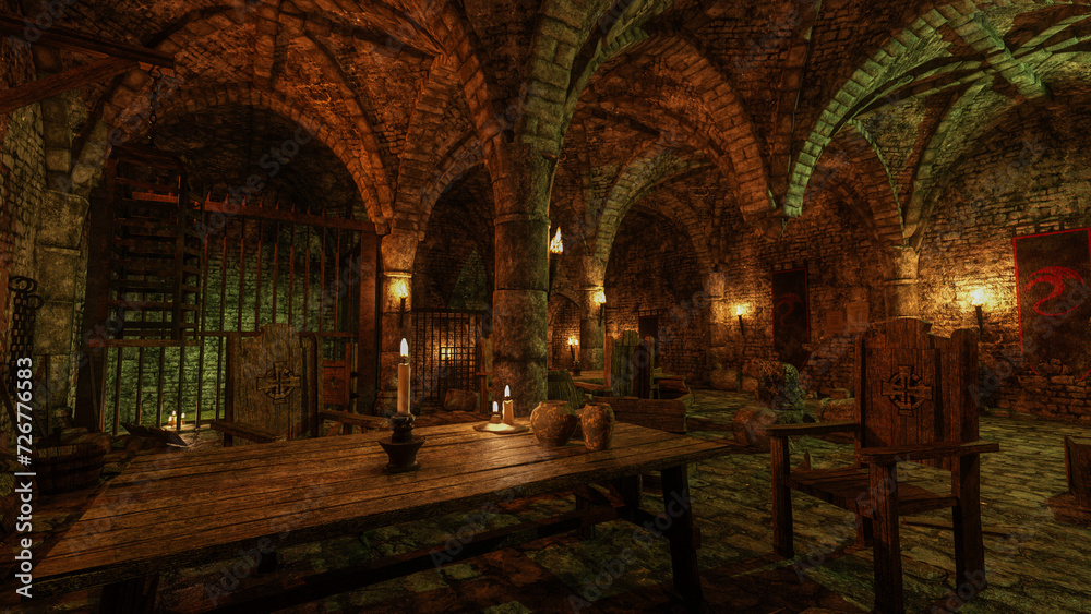 Poster Table and chairs in an old medieval dungeon with torture equipment and jail cells in the background. 3D render.