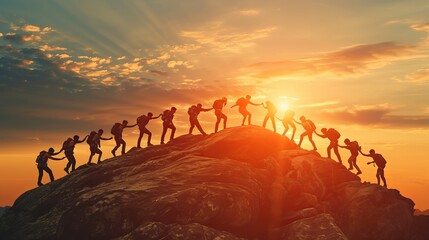 Group of friends helping each other to reach the summit of the mountain as a team