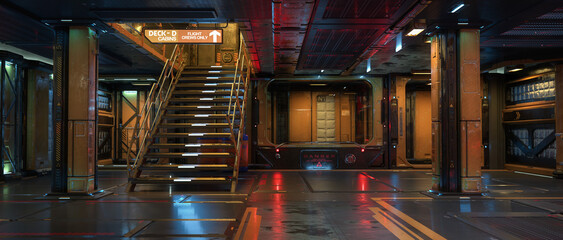 Panoramic 3D illustration of a fantasy spce ship interior with staircase leading to upper deck. © IG Digital Arts