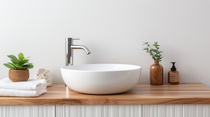 Fototapeta na wymiar Minimalist bathroom with white square vessel sink and chrome faucet in modern interior design
