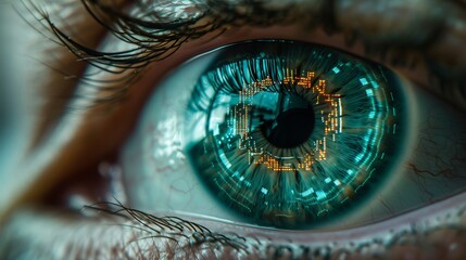 Futuristic robot eye technology with blue and orange digital iris, enhanced with sparkles