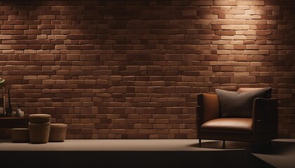 dimly lit cozy room wall of brick cremites and minimalist furniture 
