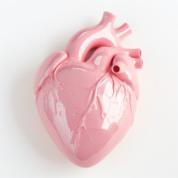 
Glossy pink anatomic correct heart, white background, top down view. AI generated