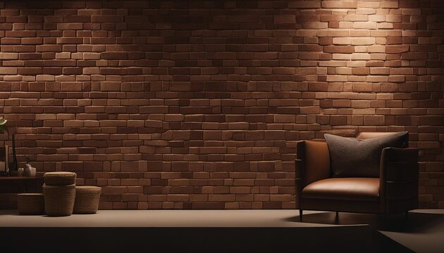dimly lit cozy room wall of brick cremites and minimalist furniture 
