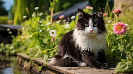 Naklejka na ściany i meble Summer Serenity: A Village Idyll with a Black and White Cat – Wallpaper Bliss
