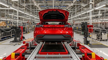 Futuristic factory engineer, car assembly line, auto industry technology, technician at auto frame