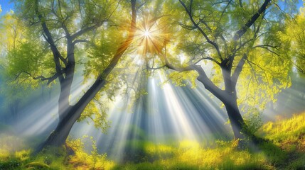 Enchanting silent forest in spring with beautiful sun rays as magical nature background