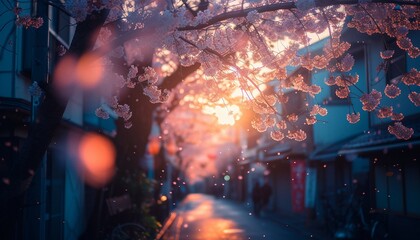 A colorful street photo of the streets of Japan during the Hanami holiday. Cherry blossoms