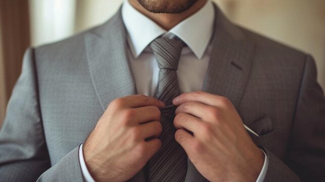 Businessman in gray suit tying the necktie 