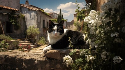 Tranquil Summer Village: A Blissful Idyll Featuring a Black and White Cat – Perfect Wallpaper Ambiance