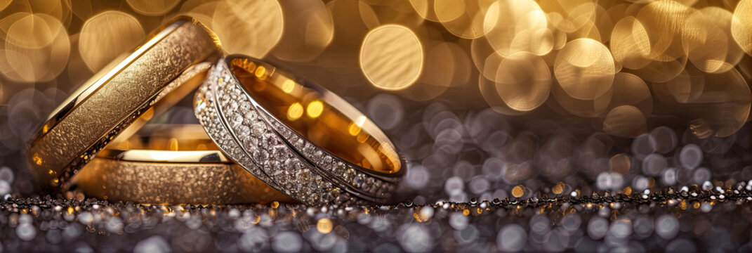 gold wedding rings on glitter background 