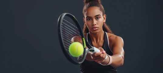 Focused female tennis player in action with dynamic movement on dark background, space for text