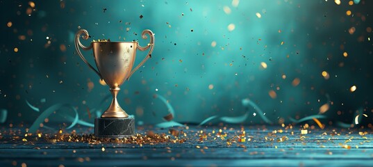 Golden championship cup trophy with magical defocused background and celebration confetti decoration - obrazy, fototapety, plakaty