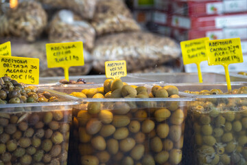 Green olives for sale at Portuguese market