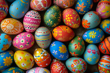 background of painted Easter eggs seen from above. The colors are bright and vibrant, and there are patterns and designs on the eggs