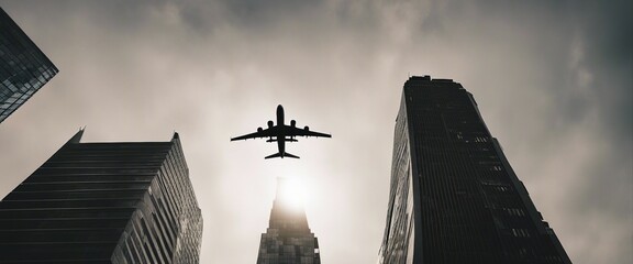 silhouette of a passenger plane flying over two skyscrapers - obrazy, fototapety, plakaty