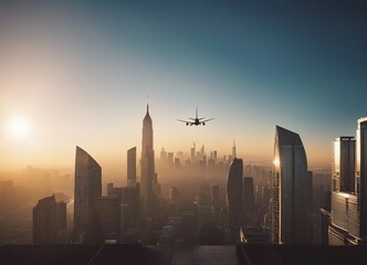 silhouette of a passenger plane flying over two skyscrapers