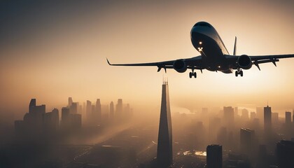 silhouette of a passenger plane flying over two skyscrapers, warm light, foggy weather
 - obrazy, fototapety, plakaty