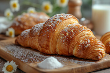Freshly baked, golden croissants on a wooden board, complemented by blooming daisies and a glass of milk.