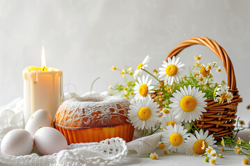 A festive Easter setting featuring a beautifully decorated cake, painted eggs, a lit candle, and a basket full of fresh daisies on a lace cloth.