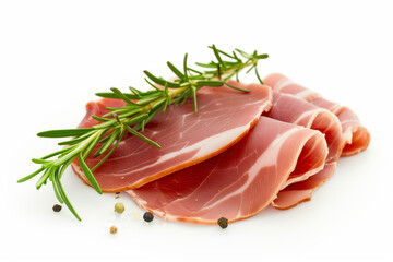 A close-up view of thinly sliced prosciutto adorned with fresh rosemary sprigs and multicolored peppercorns, presented on a white background.