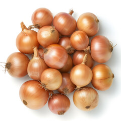 A close-up view of a cluster of freshly harvested, unpeeled yellow onions, showcasing their natural golden hue and texture.