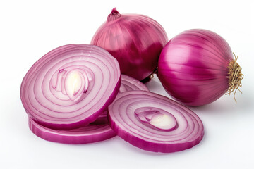 An image showcasing freshly cut red onions, isolated on a white background, highlighting their rich color and texture.