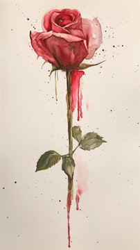A captivating watercolor painting capturing the essence of a blooming rose, with vibrant reds and pinks, and delicate drips creating an emotional connection.