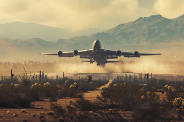 cargo plane taking off from a runway in the desert. The plane is kicking up dust, and there are cacti and mountains in the background