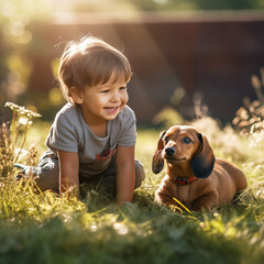 Happy child with his puppy sitting on a grass in summer day