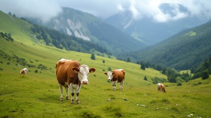 Fototapeta na wymiar A cow grazes on alpine meadows. Agricultural industry