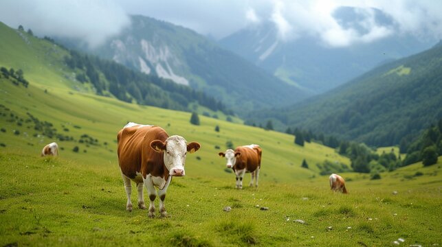 A cow grazes on alpine meadows. Agricultural industry