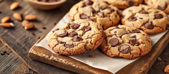 Almond-covered chocolate chip cookies on wooden board with paper towel
