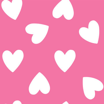 All over seamless vector repeat pattern with big white hand drawn doodle hearts on medium hot pink background. Simple cute kids Valentines day background