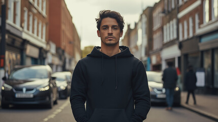 Fototapeta premium A HD Portrait of a young man with dark hair standing in the Streets of London
