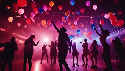 silhouette of young people having fun in a night club, colored lights, colorful balloons flying, smoky palce

