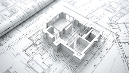 Fototapeta premium Abstract white architecture plans background from above, building engineering blueprints backdrop